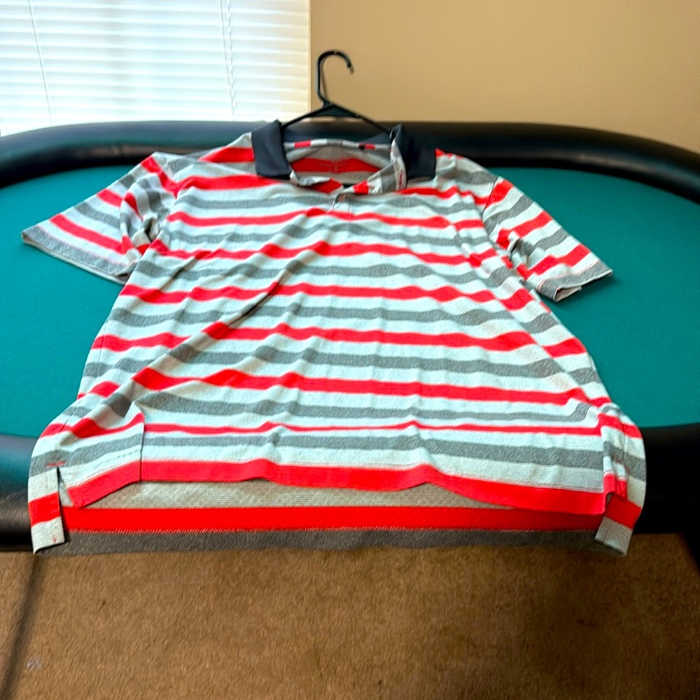 Red and Gray Striped Polo Shirt with Classic Collar